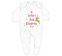 allaboutthebump My First Christmas Reindeer & Star Personalised Xmas Babygrow (Sleepsuit Bodysuit Onesie in Red, White or Red White Stripe) (UK, Age, 0 Months, Babygrow: White)
