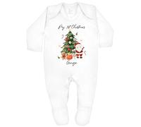 allaboutthebump My First Christmas Tree Scene Personalised Xmas Babygrow (Sleepsuit Bodysuit Onesie in Red, White or Red White Stripe) (UK, Age, 3 Months, 6 Months, Babygrow: White)
