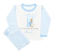 allaboutthebump Personalised Blue Rabbit Birthday Pyjama Set, Blue and White Striped, 100% Cotton, Machine Washable Child Name and Age (UK, Age, 1 Year, 2 Years, Pyjamas: Blue Stripe)
