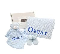 allaboutthebump Personalised Embroidered New Baby Blanket, Comforter & Booties Gift Set - Customised with Name (Pink, Blue, White, Grey or Yellow Colours) Girls Boys Unisex (Gift Set: Blue)