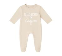 allaboutthebump Personalised Hello World Beige Baby Clothing (Babygrow/Sleepsuit) New Baby Unisex Gift | Boys Girls | Coming Home Outfit | Newborn (Babygrow: Beige, Tiny Baby)
