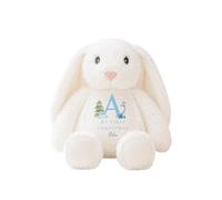 allaboutthebump Personalised My First Christmas Soft Toy with Name & Initial - Blue Dinosaur Design - Elf, Reindeer or Bunny Plush - Baby Boy Keepsake Gift (Rabbit: White)