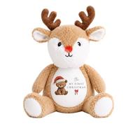 allaboutthebump Personalised My First Christmas Soft Toy with Name - Little Teddy Bear & Red Bow Design - Bunny, Reindeer or Elf Plush - Baby’s First Christmas Keepsake Gift (Reindeer: Brown)