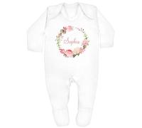 allaboutthebump Personalised New Baby Girl Pink Floral Rose Wreath Baby Clothing (Choose from: Baby Vest | Babygrow | Hat | Blanket | White Printed Gift Box) (Babygrow & Hat: White, Newborn)