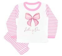 allaboutthebump Personalised Pink Bow Birthday Pyjama Set, Pink and White Striped, 100% Cotton, Machine Washable Child Name and Age (UK, Age, 1 Year, 2 Years, Pyjamas: Pink Stripe)