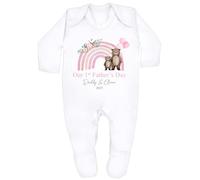 allaboutthebump Personalised Pink Rainbow Bears First Father's Day Baby Vest or Babygrow [1st Fathers Day Gift from son Daughter Unisex Present] (Babygrow: White, 0-3 Months)