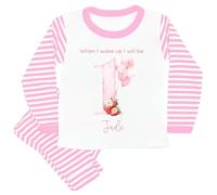 allaboutthebump Personalised Pink Strawberry Birthday Pyjama Set, Pink and White Striped, 100% Cotton, Machine Washable Child Name and Age (UK, Age, 5 Years, 6 Years, Pyjamas: Pink Stripe)