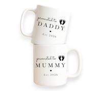 allaboutthebump Personalised Promoted to Mummy & Daddy Ceramic Mug Set with Baby Feet - Custom Est. Year Pregnancy Announcement Mugs, New Parents Gift, Baby Reveal, Baby Shower (Set of 2: Mum & Dad)