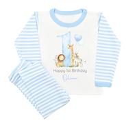 allaboutthebump Personalised Safari Animals First Birthday Pyjama Set, Blue and White Striped, 100% Cotton, Machine Washable (UK, Age, 1 Year, 2 Years, Pyjamas: Blue Stripe)