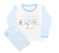 allaboutthebump Personalised Safari Animals First Birthday Pyjama Set, Blue and White Striped, 100% Cotton, Machine Washable with Name and Age (UK, Age, 1 Year, 2 Years, Pyjamas: Blue Stripe)