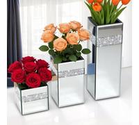 ALLARTONLY - Crushed Diamond Mirror Vase Pack of 3 Small Medium Large Beautiful Silver Crystal Mirror Vase Decorative Vase for Home Decor. Not