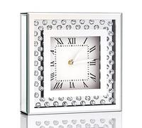 ALLARTONLY Silent Mirror Desk Clock, 8x8x2 Inch Crystal Sparkle Twinkle Bling Square Mirrored Table Top Decorative Clock with Diamond for Home Decoration, Silver