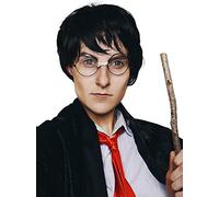 ALLAURA Black Wizard Wig - Short Black Boy Wizard Wig & Glasses Set for Kids & Adults - Magical School Costume Accessory for Halloween, Cosplay, Book Week, Fantasy Party Outfits