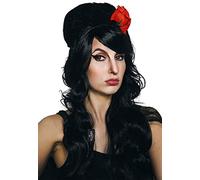 ALLAURA Compatible with Amy Winehouse Wig - Black Beehive Wig with Red Flower for Women & Girls - Long Curly 90s Costume Hairpiece, Retro Pop Star Look, Halloween Vampire, Music Icon Cosplay Accessory