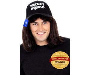 ALLAURA Compatible with Wayne’s World Wig and Hat - Black Mullet Wig with Wayne’s Cap for Men - 80s Rocker Costume, Heavy Metal Look, 1980s Party Outfit, Funny Halloween or Couples Costume Accessory