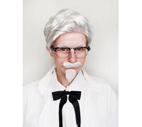ALLAURA Old Man Colonel Sanders Wig + White Beard Moustache Glasses & Tie Set - Realistic White Hair Fits All