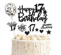 ALLAVA 10 Pcs Happy 17th Birthday Cake Topper Set, Glitter Sweet 17 Cake Decorations with Stars Hearts, Black 17th Birthday Cupcake Toppers for Boys Girls Teen Party Anniversary Cake Supplies