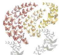 Allazone 108 PCS 3D Butterfly Wall Stickers Wall Decal Decor Art Decorations Sticker Removable Hollow Butterfly 3 Sizes for Room Home Classroom Offices Bedroom Decor, Rose gold, Silver, Gold