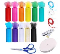 Allazone 17 PCS Rainbow Glitter Tulle, 11 Color Tulle Fabric Ribbons Rolls 6 Inch x 25 Yard, Elastic Band, Sewing Scissor, Measuring Tape for Table Chair Bow Skirt Sewing Crafting Party Decor
