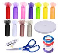 Allazone 18 PCS Tulle Fabric Ribbons Rolls - 11 Color Rainbow Tulle Rolls, 6 Inch x 25 Yard Elastic Band, Sewing Scissor for Sewing Crafting Party Decor