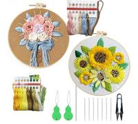 Allazone 2 Sets Embroidery Kit for Beginners, Stitch Practice Kits for Craft Lover Hand Stitch with Embroidery Fabric with Stamped Pattern, Starter Stitch Kits Suitable for Adults (Sunflower)