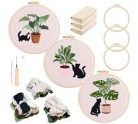Allazone 3 Set Embroidery Starter Kits for Beginner, Cat Punch Needle Kit with Instruction, Plastic Hoop, Yarns and Embroidery Handle Needle Pen