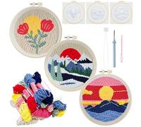 Allazone 3 Set Punch Needle Embroidery Kits - Beginner Adults with Sunrise Flowers Pattern, Plastic Hoop, Yarn and Embroidery Handle Needle Pen