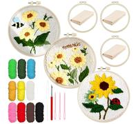 Allazone 3 Set Punch Needle Embroidery Kits, Punch Needle Kits for Adults Beginner with Sunflower Pattern, Instruction, Plastic Hoop, Yarn and Embroidery Handle Pen
