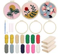 Allazone 3 Set Punch Needle Embroidery Starter Kits, DIY Craft Kits with Flower and Plants Patterns, Plastic Hoop, Yarn and Embroidery Handle Pen