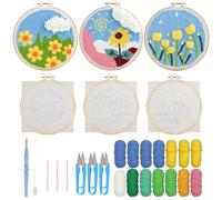 Allazone 3 Set Punch Needle Embroidery Starter Kits, DIY Craft Kits with Flower Pattern, Plastic Hoop, Yarn, Embroidery Handle Pen and Instruction