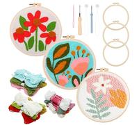 Allazone 3 Set Punch Needle Embroidery Starter Kits, DIY Craft Punch Needle Kits with Flower Pattern, Instruction, Plastic Hoop, Yarn and Embroidery