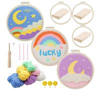 Allazone 3 Set Punch Needle Embroidery Starter Kits for Beginners, Include Punch Needle Fabric with Yarns, Embroidery Hoops, Threader Tools and Instructions, Rainbow and Moon Pattern