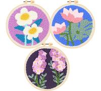 Allazone 3 Set Punch Needle Embroidery Starter Kits with Flower Pattern, Punch Needle Tool Threader Fabric, Yarn, Embroidery Hoop for Crafts, Home Decor