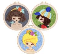 Allazone 3 Set Punch Needle Kits, 20 cm Punch Needle Embroidery Starter Kits with Girl Pattern, Threader Fabric Embroidery Hoop, Yarn and Crafts, Home Decor
