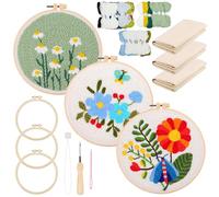 Allazone 3 Set Punch Needle Kits, Flower Punch Needle Embroidery Starter Kits, Threader Fabric Embroidery Hoop