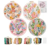 Allazone 4 Set Cross Stitch Kits for Beginners, Flower Embroidery Kit for Beginners, Hand Embroidery with Plant Patterns, Hoops, Threads and Needles