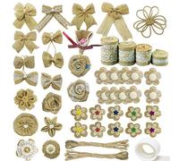 Allazone 47 PCS Natural Burlap Flowers Set, 4 Rolls Lace Burlap Ribbon and 40 PCS Handmade Burlap Rose Flowers, Twine Ribbon and Glue Point for DIY Craft Wedding Party Gift Decor (Style 3)