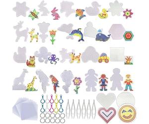Allazone 5 mm 48 PCS Pack Fuse Beads Boards, 22 PCS Animal Clear Plastic Pegboards with 6 PCS White Beads Tweezers, 10 PCS Ironing Paper and 10 PCS Colorful Keychain for Kids Craft Supplies