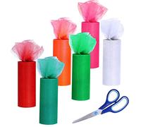 Allazone 6 Color Tulle Fabric Spool Ribbon Rolls 6 Inch x 25 Yard Green Red Rainbow Netting Rolls with Sewing Scissors for Christmas Party Decor Sewing Crafting