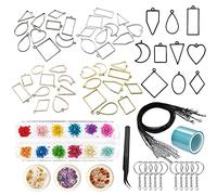 Allazone 76 PCS Open Bezel Charms with Pressed Flower Set Includes 50 PCS Open Bezels for Resin, Dried Flowers, Black Wax Rope, Tweezers, Seamless Resin Tape, Keychain for Craft DIY, Resin Casting