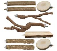 Allazone 9 PCS Natural Wood Bird Perches for Parrot, Bird Perch Stand with Grape Fork, Wooden, O-Shaped & Rectangle Platforms for Budgies, Cockatiels, Conure, Lovebirds & Small Animals