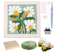 Allazone Punch Needle Kit Frame, Punch Needle Embroidery Kits, Square Fabric with Flower Pattern, Hoop, Yarns (Green and White)