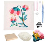 Allazone Punch Needle Kit Frame, Punch Needle Embroidery Kits, Square Fabric with Flower Pattern, Hoop, Yarns (Beige and Pink)