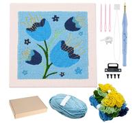 Allazone Punch Needle Starter Kit, Punch Needle Embroidery Kit Frame, Square Fabric with Flower Pattern, Hoop, Yarns(Blue)