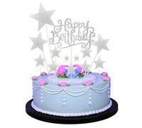 Allazone Silver Happy Birthday Cake Topper with 12 Pentacle Stars for Party Decoration