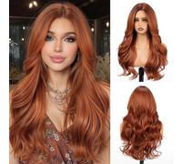 Allbell Ombre Auburn Wigs for Women, 4x4 Realistic Scalp, Free Parting, 22 Inch Long Curly Synthetic Hair Wig with Curtain Fringe for Daily Use