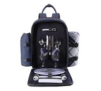ALLCAMP OUTDOOR GEAR Picnic Backpack for 2 Person Set W/Detachable Bottle/Wine Holder, Fleece Blanket, Plates and Cutlery Set (Blue)