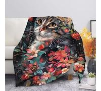 Allcute Aesthetic Floral Cat Throw Blanket for Couch Bed Cozy Black Soft Blankets for Women Spring Winter Fall Sofa Blanket Home Decor