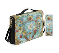 Allcute Colorful Floral Dove Cross Bible Cover Case for Women with Bookmark Personalized Print Church Study Bible Case with Shoulder Strap Handle Durable Pu Leather Book Covers Holder Blue