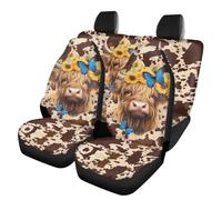 Allcute Cute Sunflower Highland Cow Car Front & Rear Seat Covers Full Set for Suv Trucks Van Sedan Easy To Install Automotive Backrest Bench Seat Cover Brown Durable Novelty Car Accessories